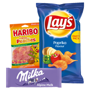 Snoep, koek, chips, zoutjes, noten